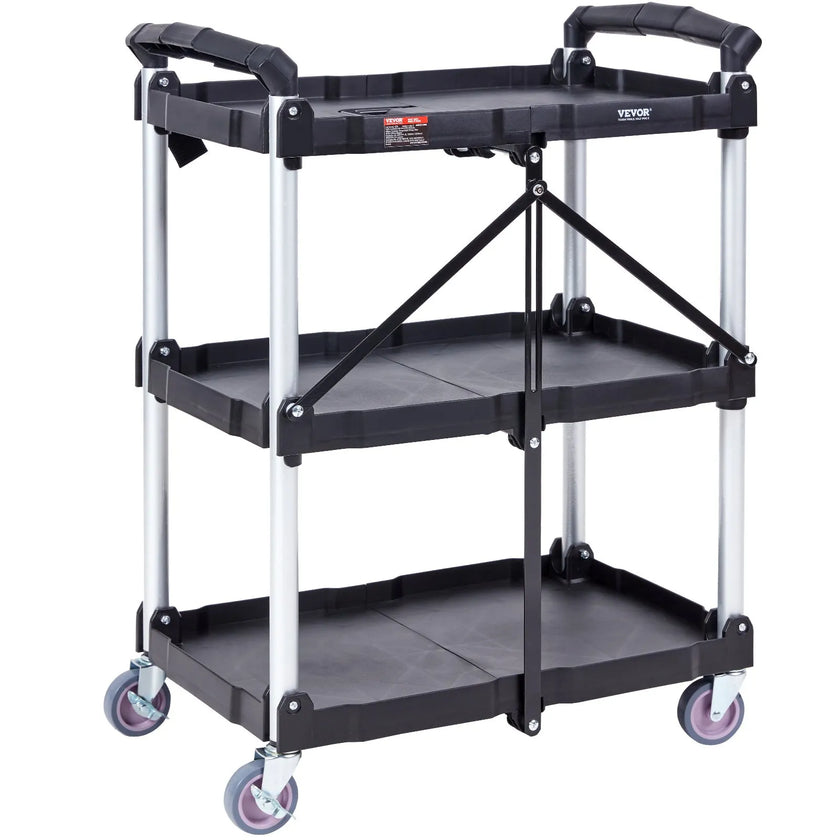 VEVOR Foldable Utility Service Cart, 3 Shelf 165LBS Heavy Duty Plastic Rolling Cart with Swivel Wheels (2 with Brakes), Ergonomic Handle, Portable Garage Tool Cart for Warehouse Office Home