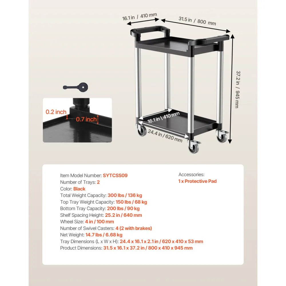 VEVOR Heavy Duty Utility Cart 300 lbs Capacity 2-tier Service Cart with Wheels