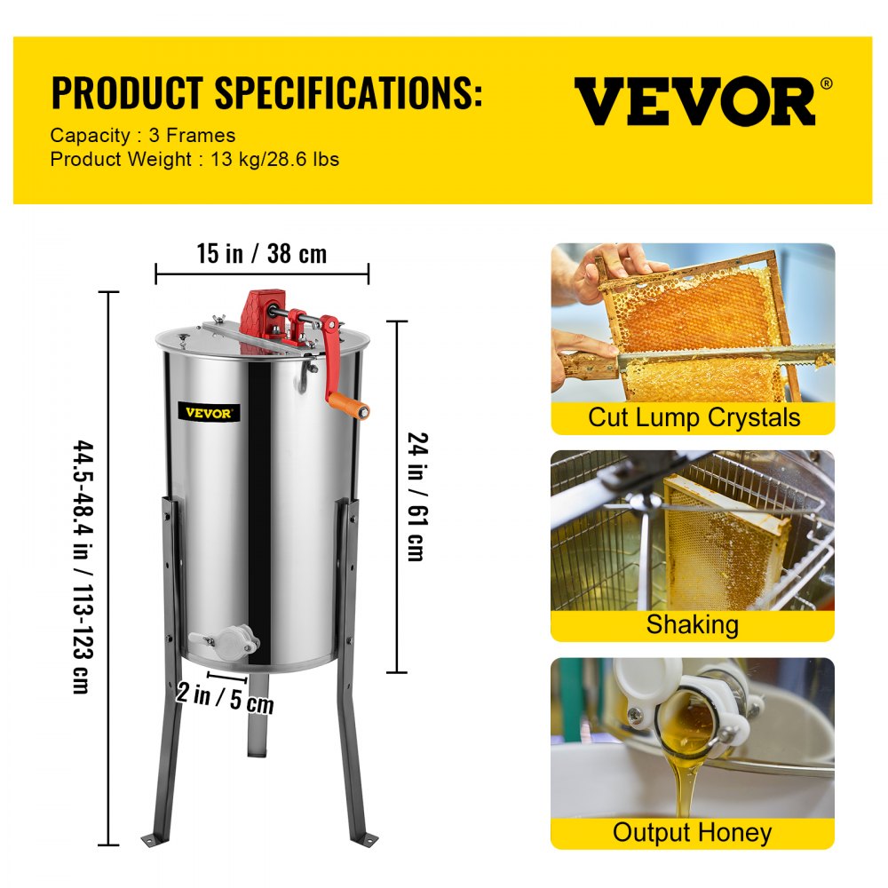 VEVOR Manual Honey Extractor Separator 3 Frame Stainless Steel Honeycomb Drum Spinner Crank Beekeeping Equipment Apiary Centrifuge Equipment
