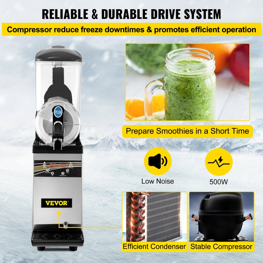VEVOR Slush Frozen Drink Machine, 15L Tank Commercial Margarita Machine, 500W Stainless Steel Margarita Slush Maker, Temperature Slush 16°F to 32°F Drink Maker, Perfect for Restaurants Cafes Bars