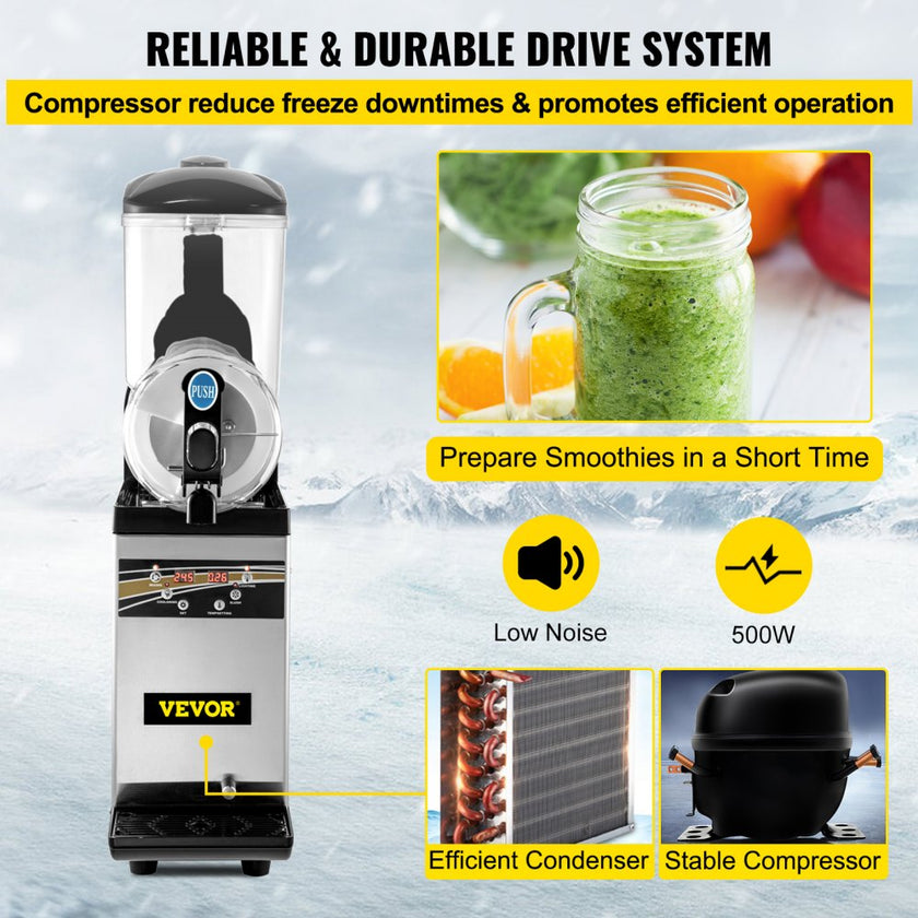 VEVOR Slush Frozen Drink Machine, 15L Tank Commercial Margarita Machine, 500W Stainless Steel Margarita Slush Maker, Temperature Slush 16°F to 32°F Drink Maker, Perfect for Restaurants Cafes Bars