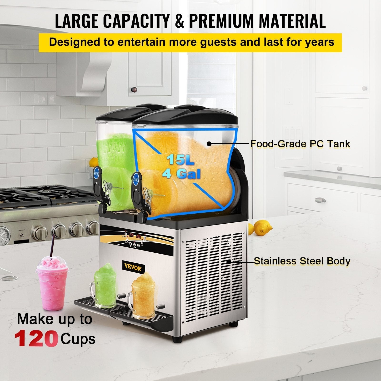 VEVOR Commercial Slushy Machine, 15Lx2 Tank Margarita Maker, 1000W Stainless Steel Smoothie Frozen Drink Maker for Supermarkets Cafés Restaurants Bars Home Use