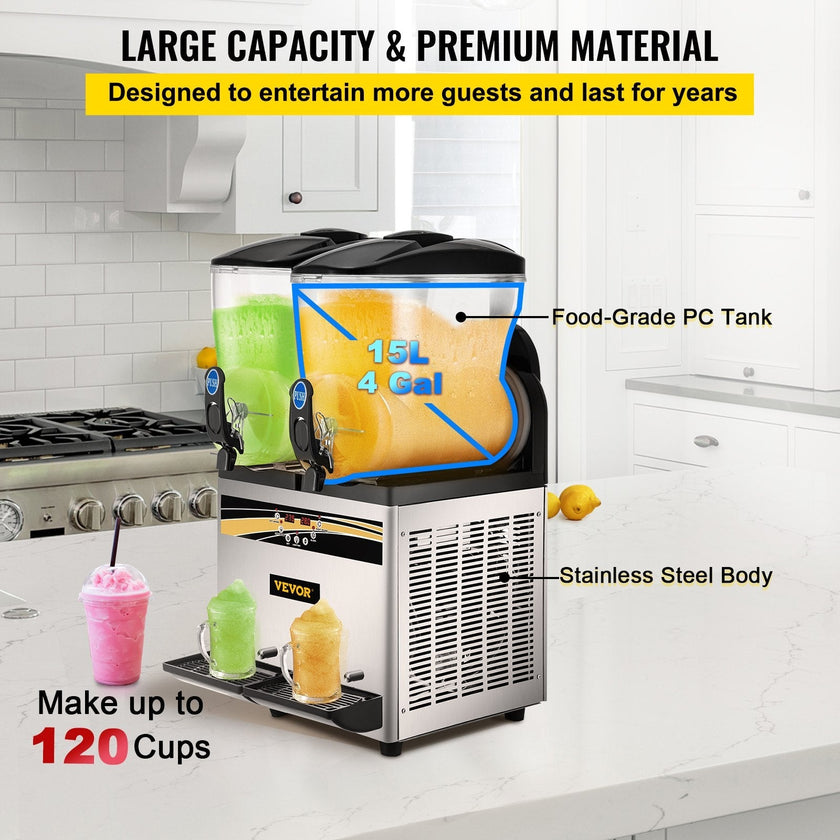 VEVOR Commercial Slushy Machine, 15Lx2 Tank Margarita Maker, 1000W Stainless Steel Smoothie Frozen Drink Maker for Supermarkets Cafés Restaurants Bars Home Use