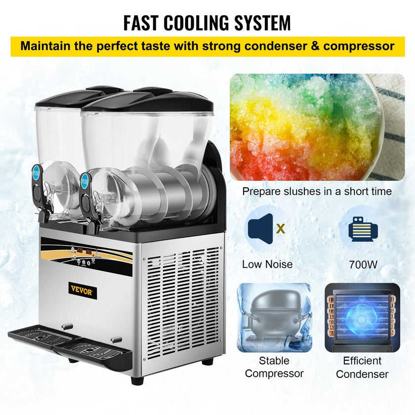 VEVOR Commercial Slushy Machine, 15Lx2 Tank Margarita Maker, 1000W Stainless Steel Smoothie Frozen Drink Maker for Supermarkets Cafés Restaurants Bars Home Use