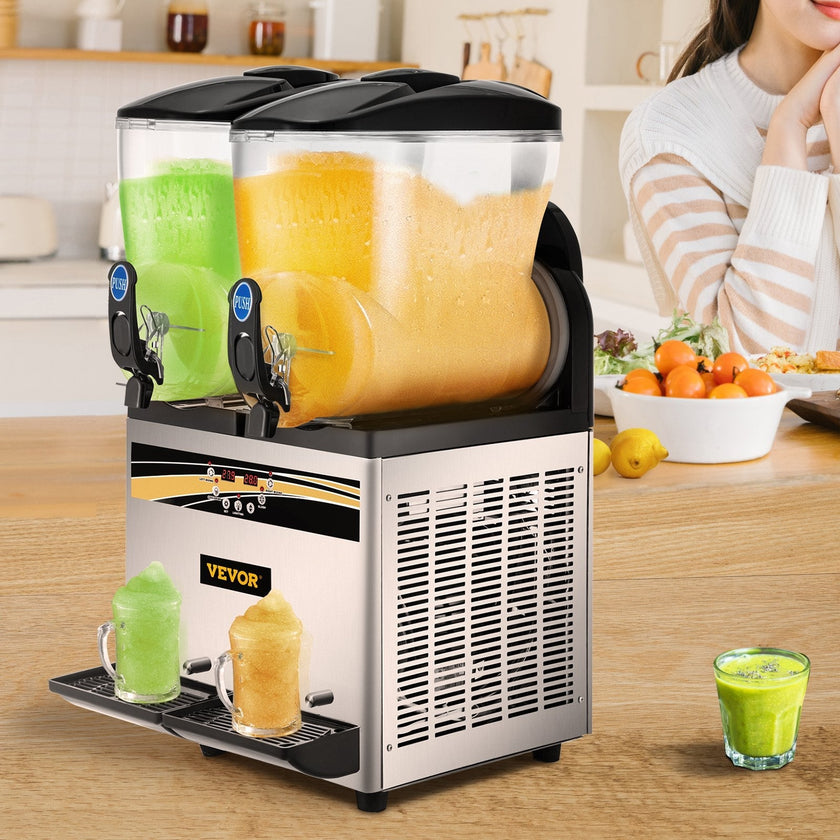 VEVOR Commercial Slushy Machine, 15Lx2 Tank Margarita Maker, 1000W Stainless Steel Smoothie Frozen Drink Maker for Supermarkets Cafés Restaurants Bars Home Use
