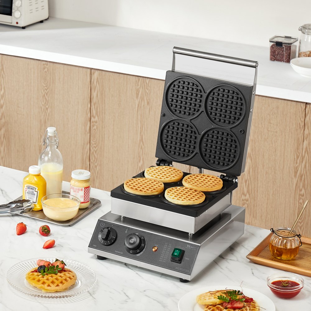 VEVOR 4PCS Commercial Waffle Maker Round Waffle Iron Machine 1750W Non-Stick