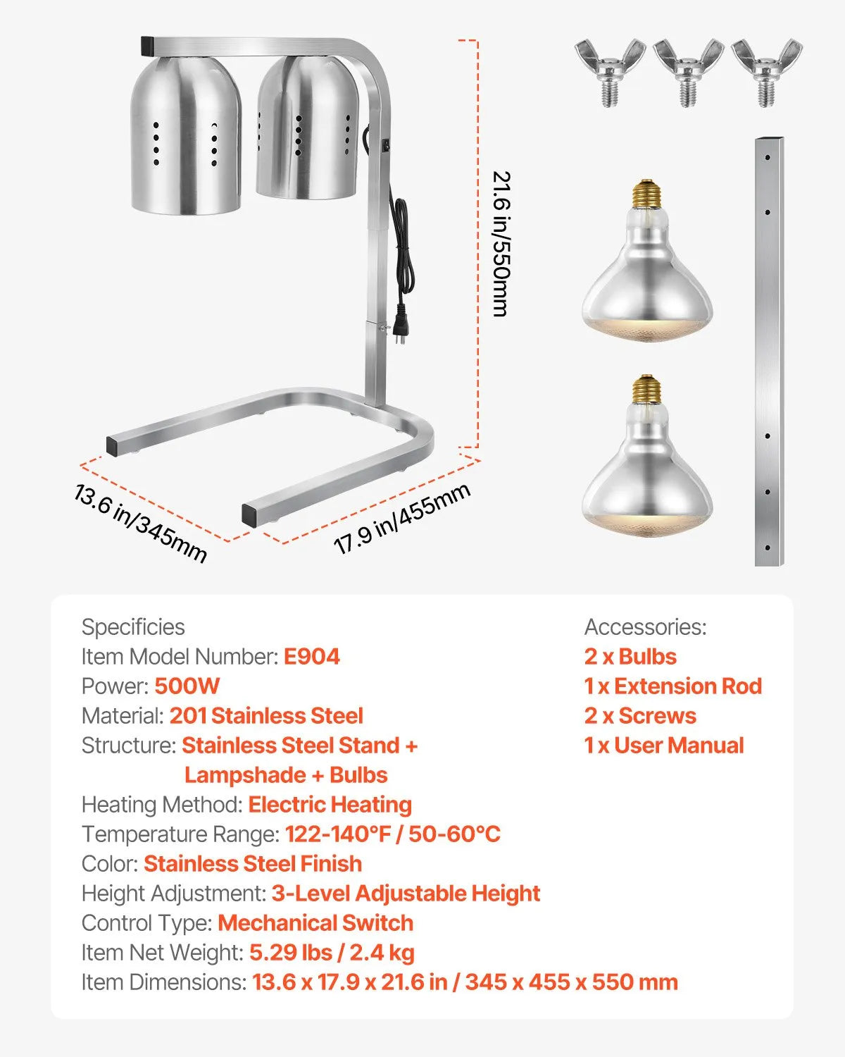 VEVOR Commercial Food Heat Lamp with 500W Bulbs for Food Restaurant & Buffet