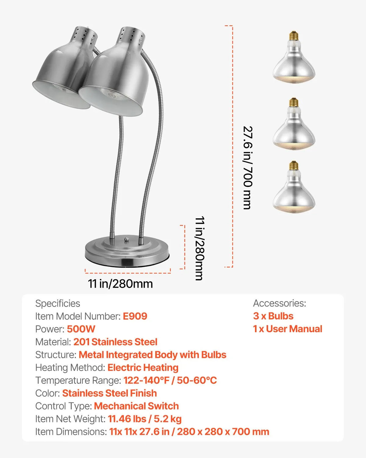 VEVOR Commercial Food Heat Lamp 2-head Electric Catering for Restaurant Buffet