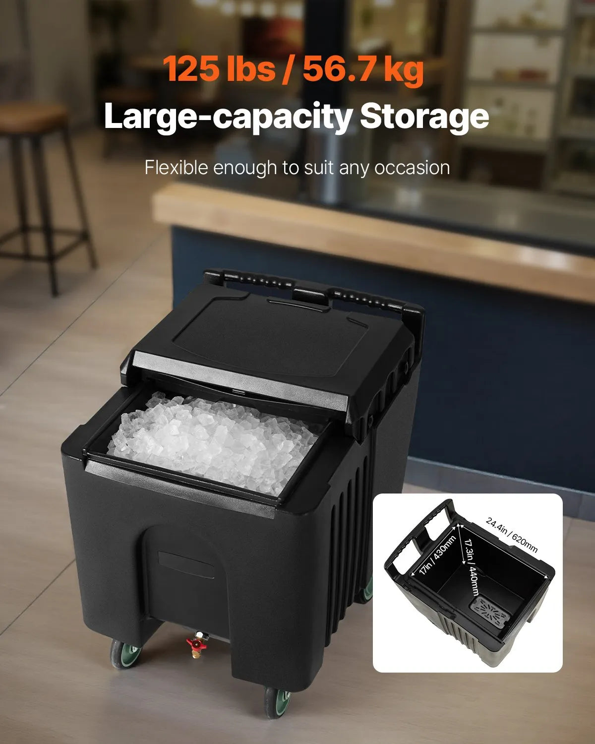 VEVOR Commercial Ice Bin 61.6 L Portable Ice Caddy with Sliding Lid and 4 Wheels