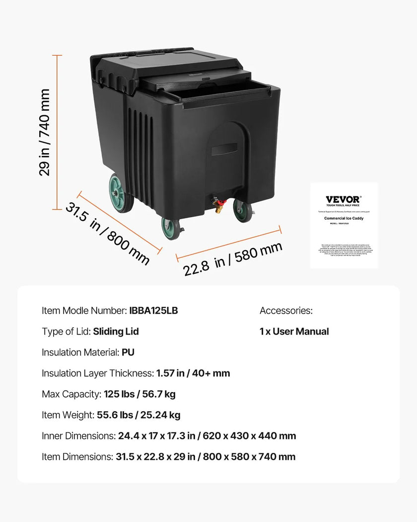 VEVOR Commercial Ice Bin 61.6 L Portable Ice Caddy with Sliding Lid and 4 Wheels