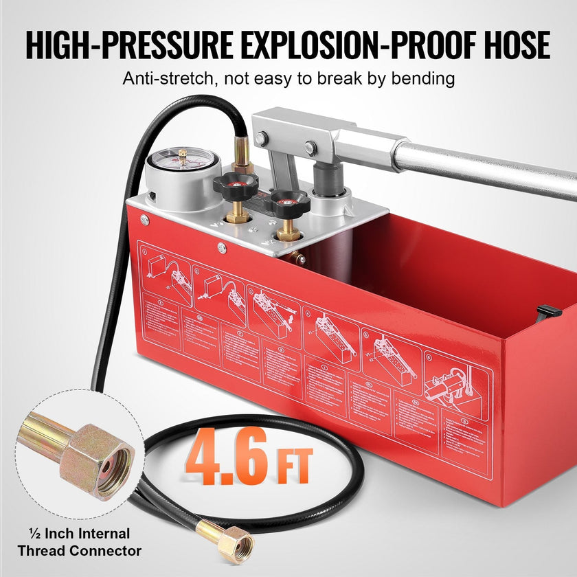 VEVOR Hydrostatic Test Pump, Max 25 bar/362 PSI, Dual Valve Hydraulic Manual Water Pressure Tester Kit with Gauge 2.8 Gal Water Tank, 4.6 ft Hose with 1/2 inch External Thread Connector for Pipeline