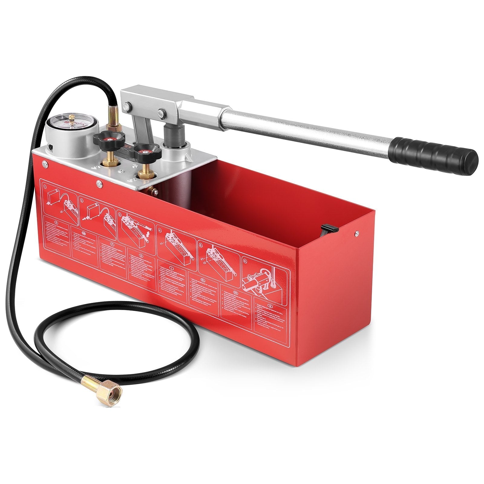 VEVOR Hydrostatic Test Pump, Max 25 bar/362 PSI, Dual Valve Hydraulic Manual Water Pressure Tester Kit with Gauge 2.8 Gal Water Tank, 4.6 ft Hose with 1/2 inch External Thread Connector for Pipeline
