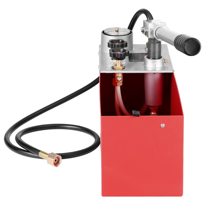 VEVOR Hydrostatic Test Pump, Max 25 bar/362 PSI, Dual Valve Hydraulic Manual Water Pressure Tester Kit with Gauge 2.8 Gal Water Tank, 4.6 ft Hose with 1/2 inch External Thread Connector for Pipeline