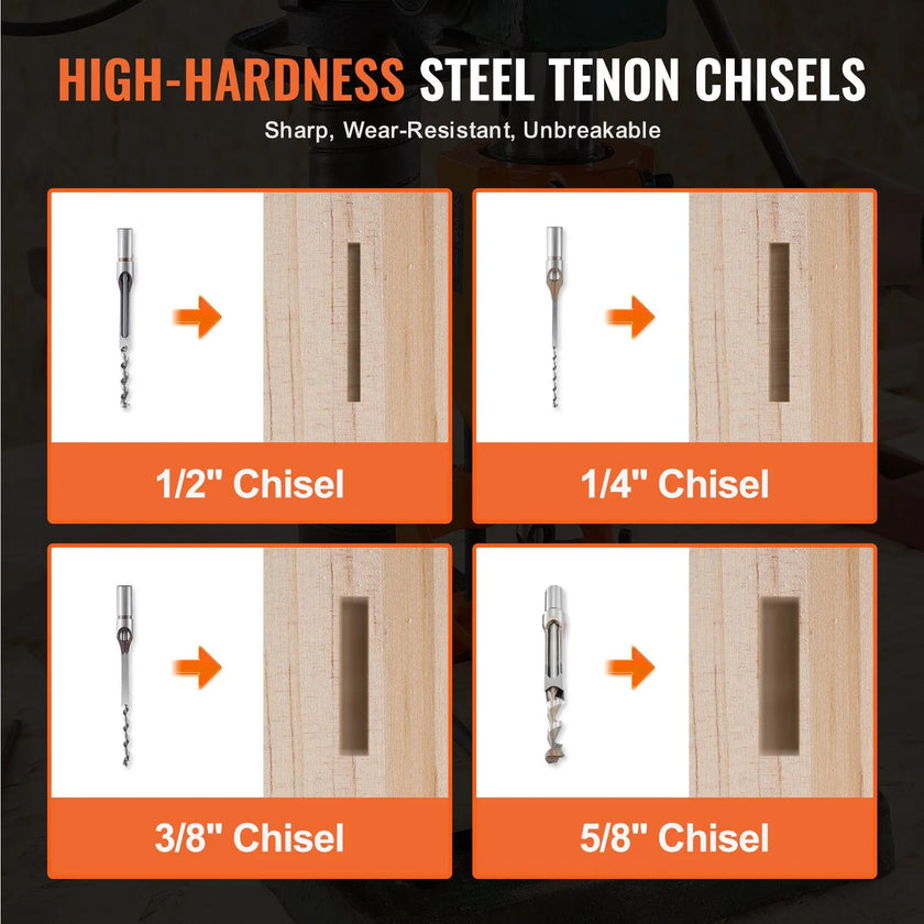 VEVOR Mortising Attachment for Drill Press, 4 Model Drills Square Hole Chisel Set, Bench Drill Locator Set Mortise and Tenon Tools with 5 Bushings, for Woodworking Mortising Tenoning Drilling Machine