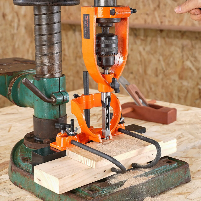 VEVOR Mortising Attachment for Drill Press, 4 Model Drills Square Hole Chisel Set, Bench Drill Locator Set Mortise and Tenon Tools with 5 Bushings, for Woodworking Mortising Tenoning Drilling Machine