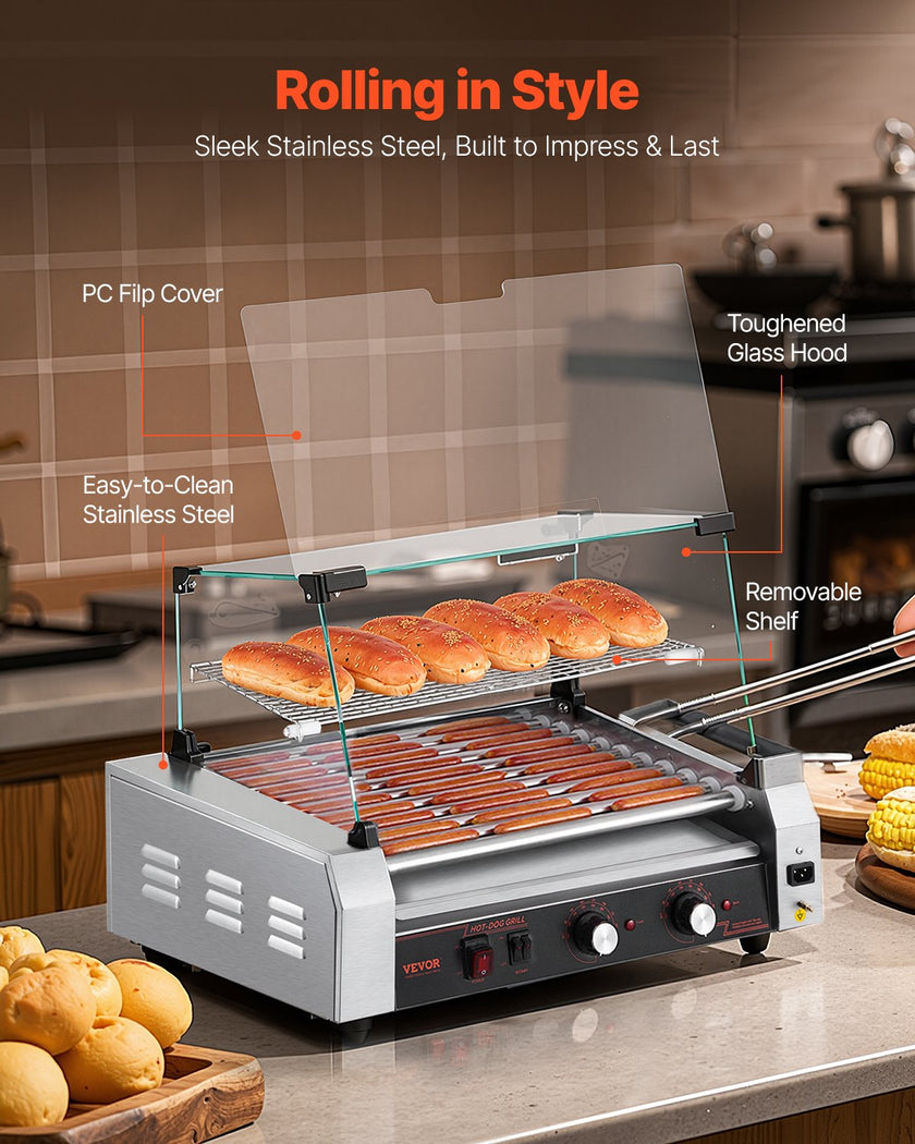 VEVOR Electric 30 Hot Dog 11 Roller Commercial Grill Cooker Machine Cover 1600W