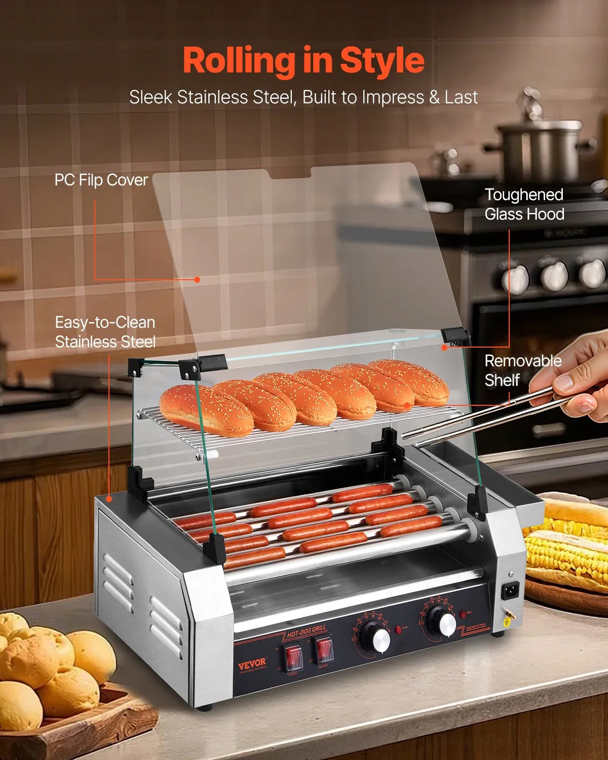 VEVOR Electric 12 Hot Dog 5 Roller Commercial Grill Cooker Machine Cover 750W