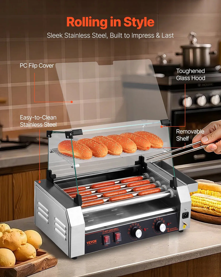 VEVOR Electric 12 Hot Dog 5 Roller Commercial Grill Cooker Machine Cover 750W