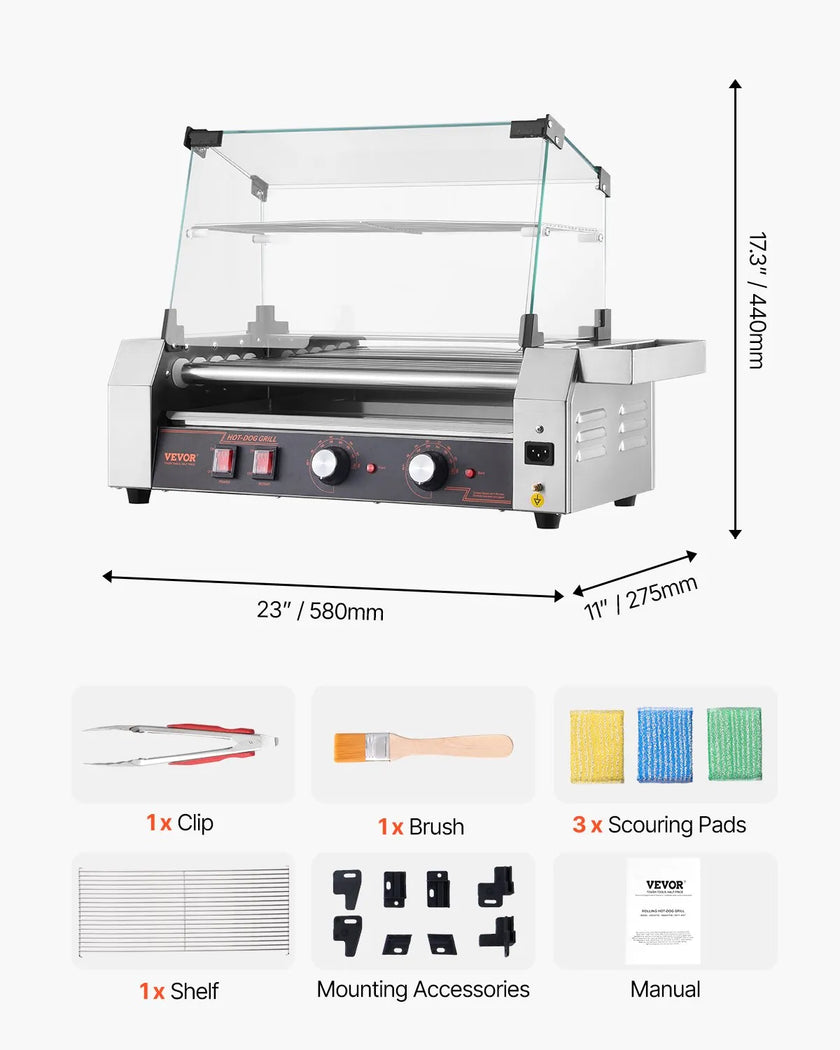 VEVOR Electric 12 Hot Dog 5 Roller Commercial Grill Cooker Machine Cover 750W