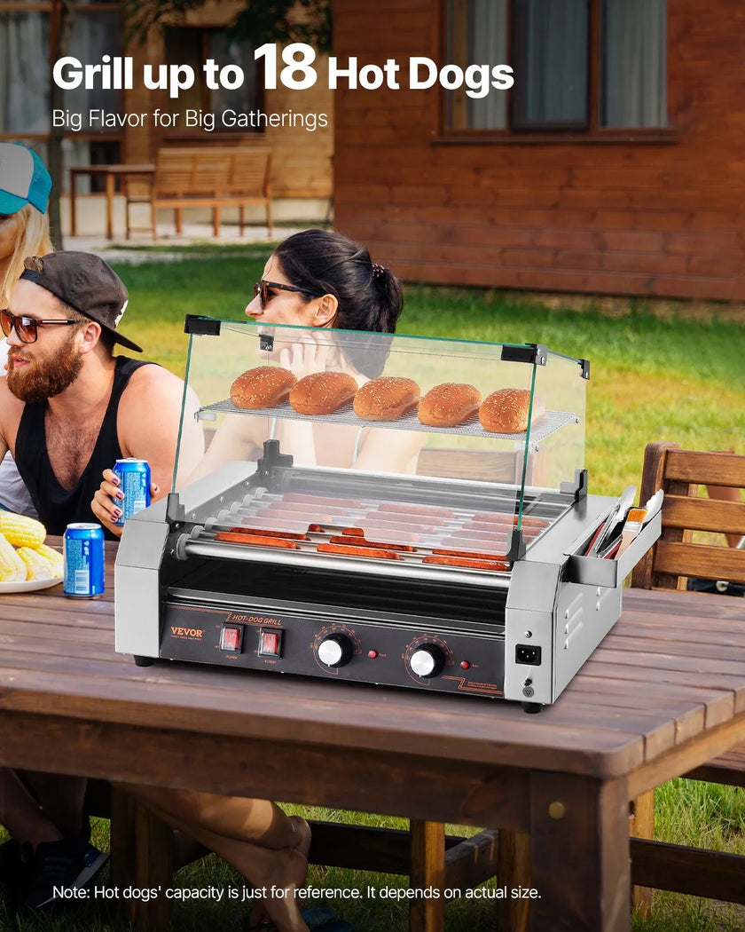 VEVOR Electric 18 Hot Dog 7 Roller Commercial Grill Cooker Machine Cover 1050W