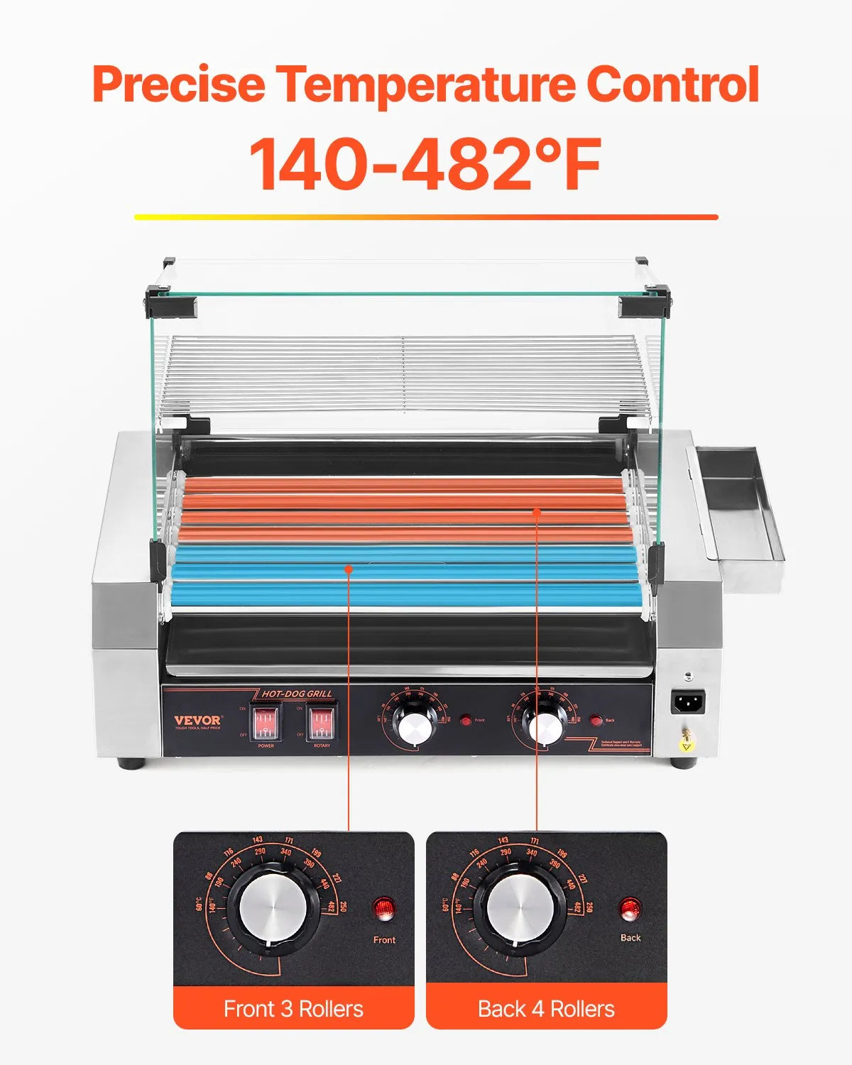 VEVOR Electric 18 Hot Dog 7 Roller Commercial Grill Cooker Machine Cover 1050W