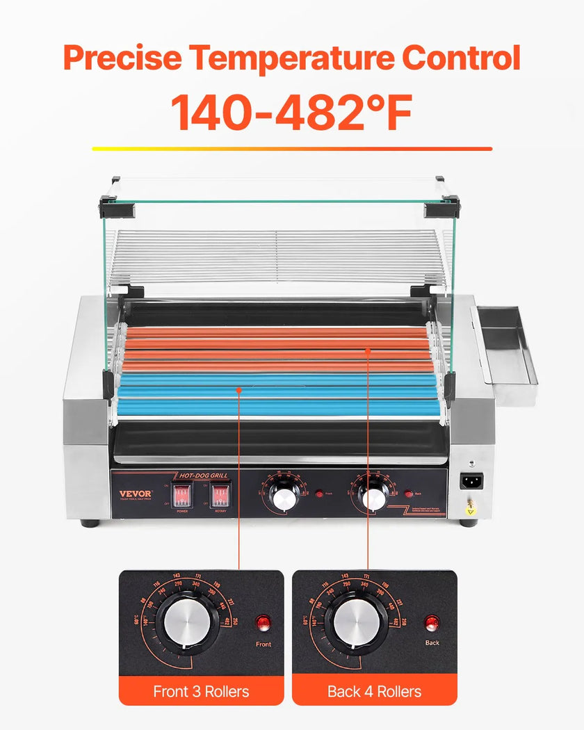 VEVOR Electric 18 Hot Dog 7 Roller Commercial Grill Cooker Machine Cover 1050W