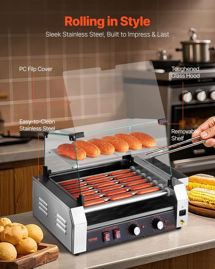 VEVOR Electric 18 Hot Dog 7 Roller Commercial Grill Cooker Machine Cover 1050W