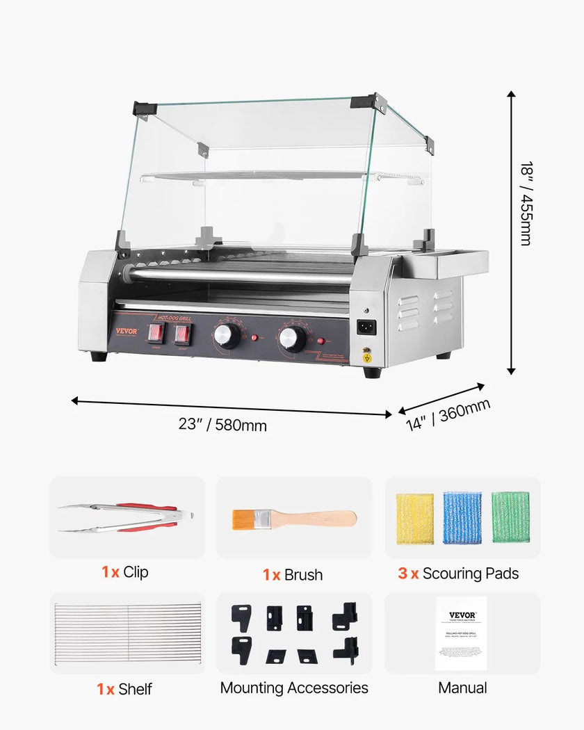VEVOR Electric 18 Hot Dog 7 Roller Commercial Grill Cooker Machine Cover 1050W