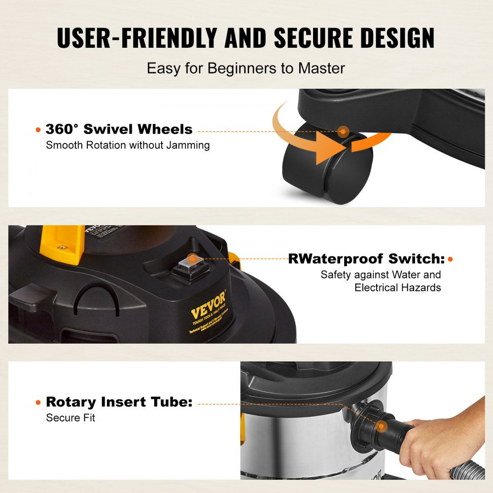VEVOR Stainless Steel Wet Dry Shop Vacuum, 5.5 Gallon 6 Peak HP Wet/Dry Vac, Powerful Suction with Blower Function with Attachments 2-in-1 Crevice Nozzle, Small Shop Vac Perfect for Carpet Debris, Pet