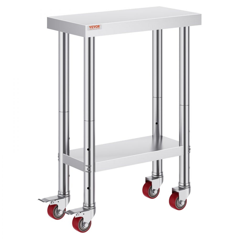 VEVOR 12x24x32 Inch Stainless Steel Catering Work Table, Commercial Work Table with 4 Wheels Commercial Food Prep Workbench with Flexible Adjustment Shelf for Kitchen Prep Table