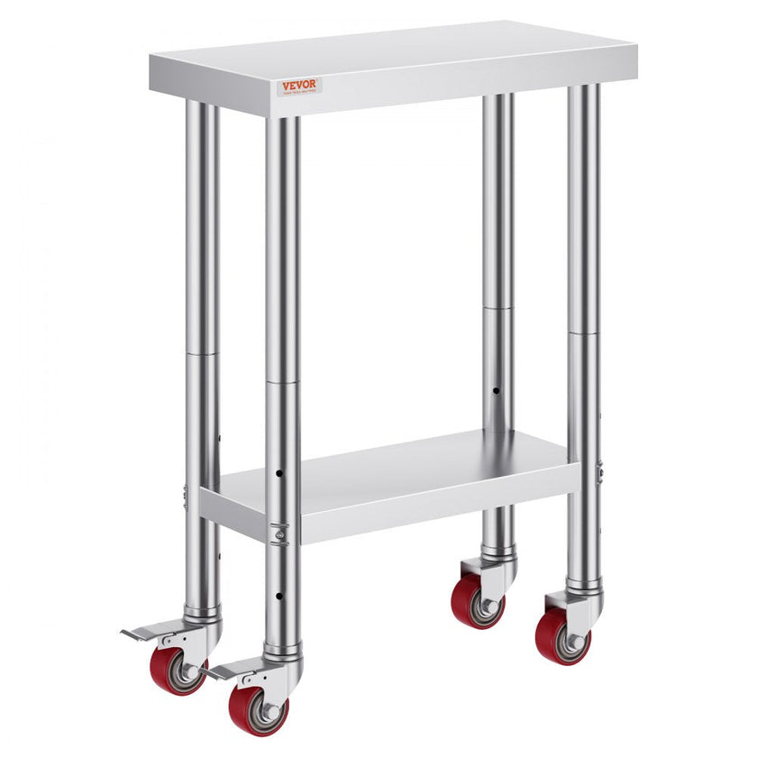 VEVOR 12x24x32 Inch Stainless Steel Catering Work Table, Commercial Work Table with 4 Wheels Commercial Food Prep Workbench with Flexible Adjustment Shelf for Kitchen Prep Table