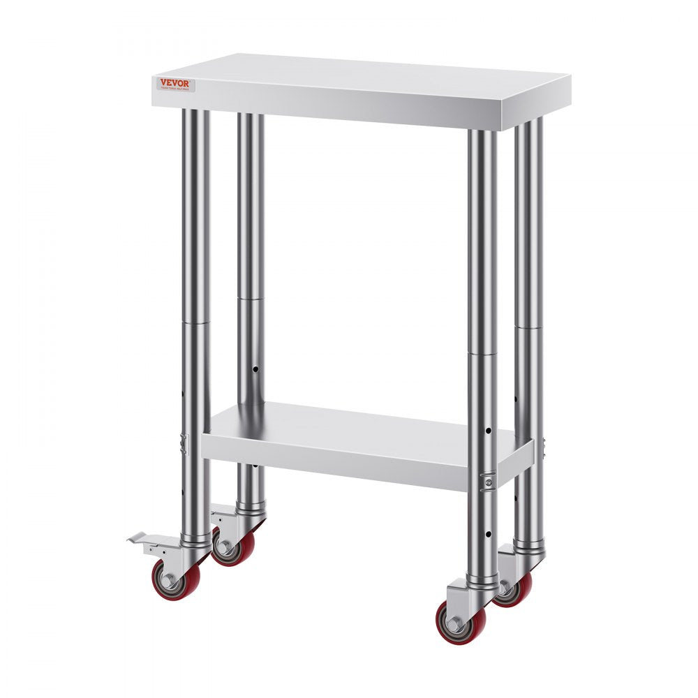 VEVOR 12x24x32 Inch Stainless Steel Catering Work Table, Commercial Work Table with 4 Wheels Commercial Food Prep Workbench with Flexible Adjustment Shelf for Kitchen Prep Table