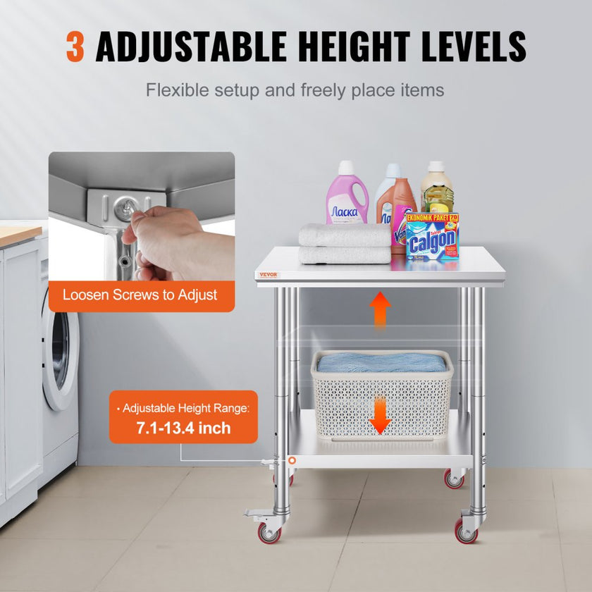VEVOR Stainless Steel Work Table with Wheels 30 x 24 Prep Table with casters Heavy Duty Work Table for Commercial Kitchen Restaurant Business