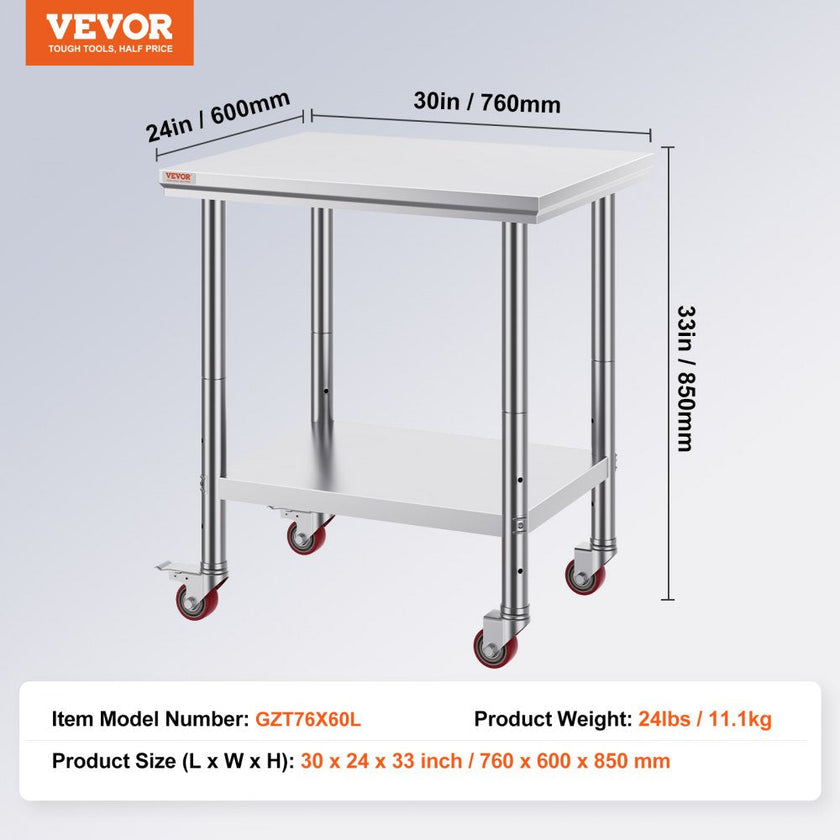 VEVOR Stainless Steel Work Table with Wheels 30 x 24 Prep Table with casters Heavy Duty Work Table for Commercial Kitchen Restaurant Business