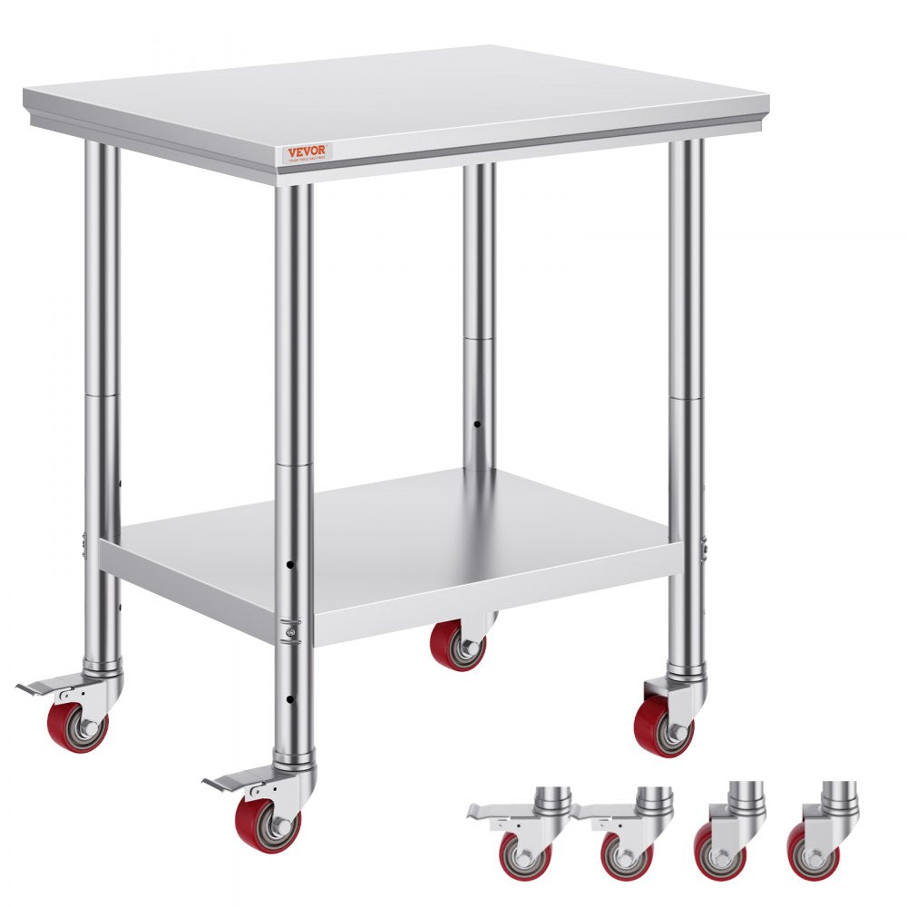 VEVOR Stainless Steel Work Table with Wheels 30 x 24 Prep Table with casters Heavy Duty Work Table for Commercial Kitchen Restaurant Business