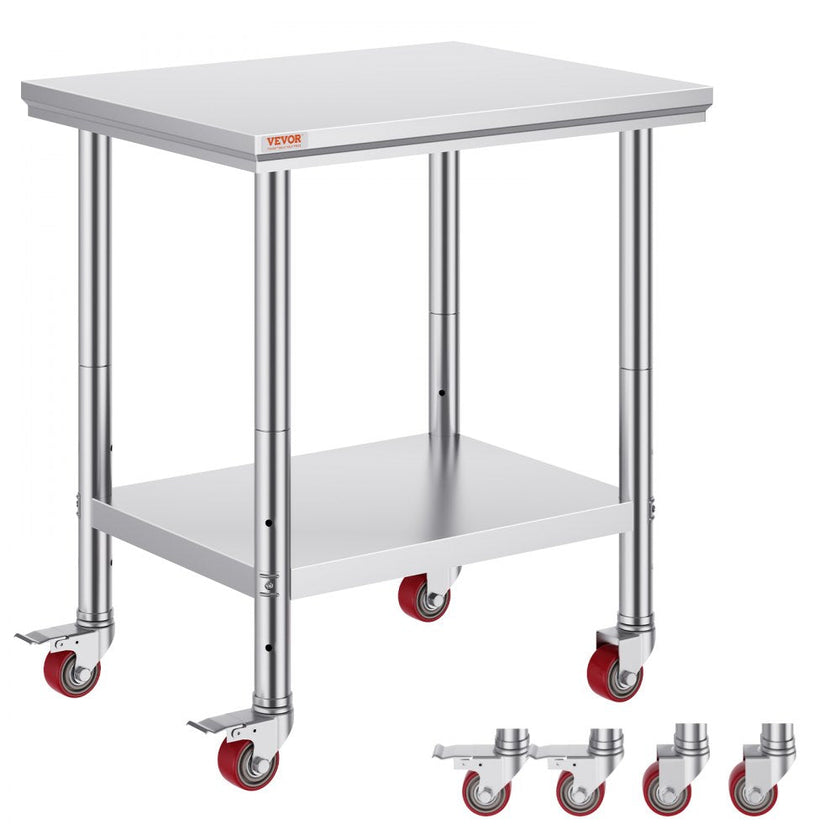 VEVOR Stainless Steel Work Table with Wheels 30 x 24 Prep Table with casters Heavy Duty Work Table for Commercial Kitchen Restaurant Business