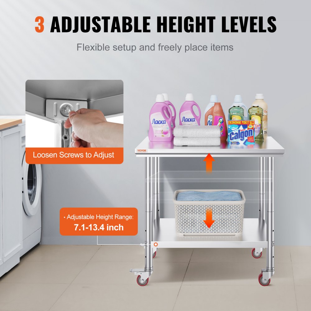 VEVOR 36x24x31.5 inch NSF Stainless Steel Work Table with Wheels Prep Table with casters Heavy Duty Work Table for Commercial Kitchen Restaurant Business Garage 350 lb Capacity