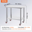 VEVOR 36x24x31.5 inch NSF Stainless Steel Work Table with Wheels Prep Table with casters Heavy Duty Work Table for Commercial Kitchen Restaurant Business Garage 350 lb Capacity