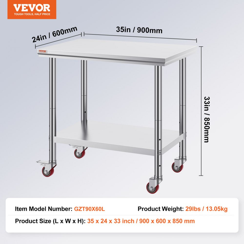 VEVOR 36x24x31.5 inch NSF Stainless Steel Work Table with Wheels Prep Table with casters Heavy Duty Work Table for Commercial Kitchen Restaurant Business Garage 350 lb Capacity