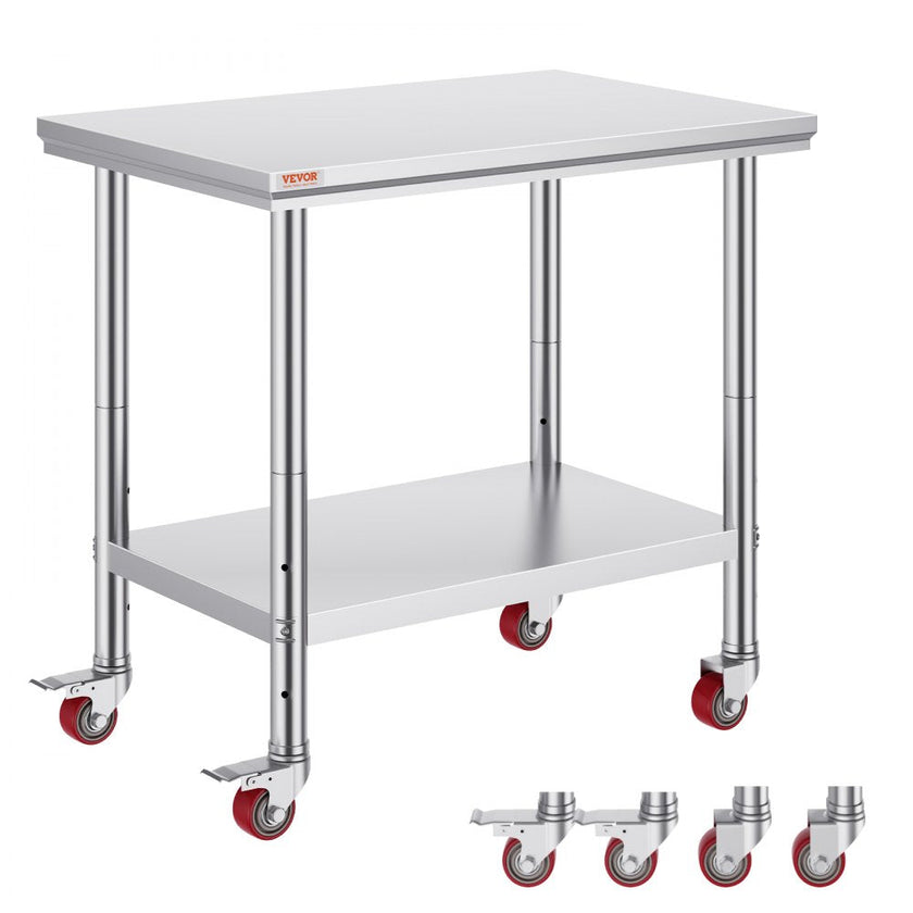 VEVOR 36x24x31.5 inch NSF Stainless Steel Work Table with Wheels Prep Table with casters Heavy Duty Work Table for Commercial Kitchen Restaurant Business Garage 350 lb Capacity