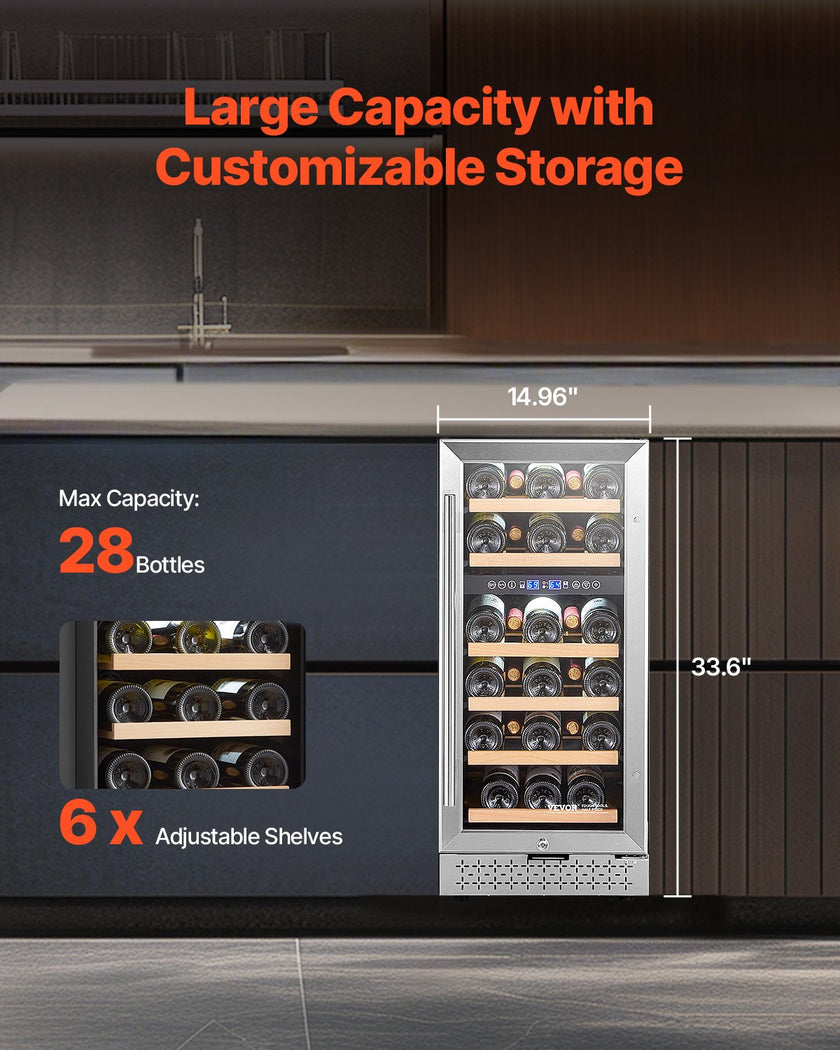 VEVOR Wine Cooler 28 Bottle Dual Zone Mini Wine Fridge Glass Door Temp Control