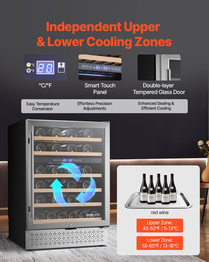 VEVOR Wine Cooler 46 Bottle Dual Zone Wine Refrigerator Glass Door Temp Control