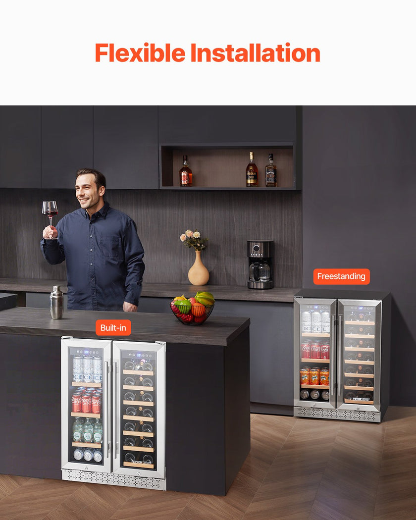 VEVOR Wine and Beverage Refrigerator 24 in Dual Zone Wine Cooler Glass Doors