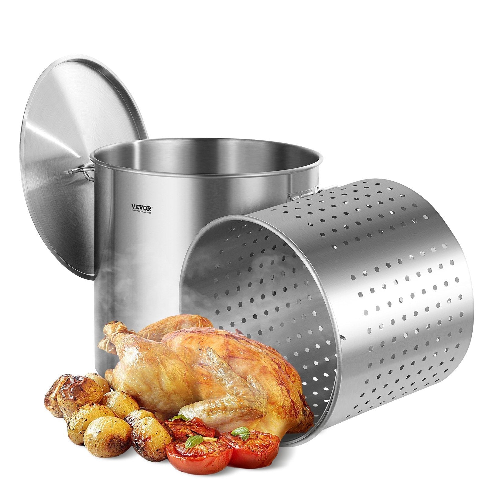 VEVOR 100QT Stainless Steel Stockpot Cooking Kitchen Sauce Pot with Basket Lid