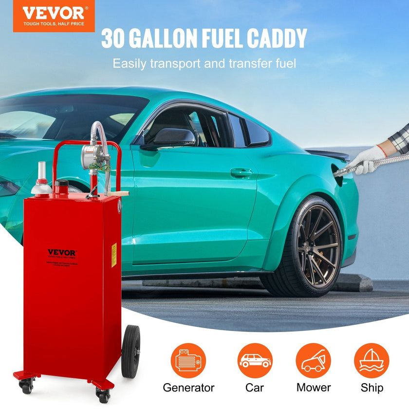 VEVOR Fuel Caddy, 30 Gallon, Gas Storage Tank & 4 Wheels, with Manuel Transfer Pump, Gasoline Diesel Fuel Container for Cars, Lawn Mowers, ATVs, Boats, More, Red