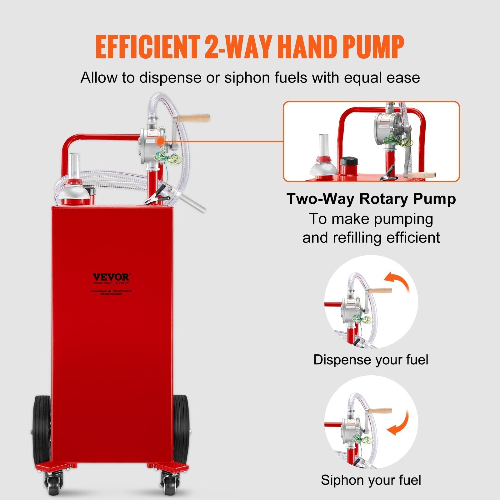 VEVOR Fuel Caddy, 30 Gallon, Gas Storage Tank & 4 Wheels, with Manuel Transfer Pump, Gasoline Diesel Fuel Container for Cars, Lawn Mowers, ATVs, Boats, More, Red