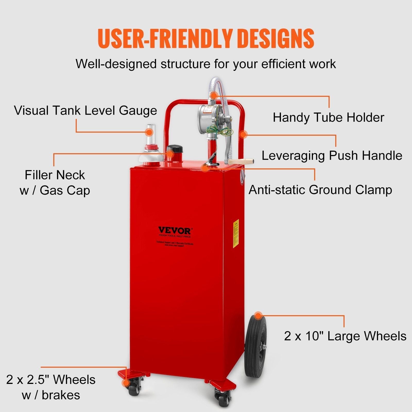 VEVOR Fuel Caddy, 30 Gallon, Gas Storage Tank & 4 Wheels, with Manuel Transfer Pump, Gasoline Diesel Fuel Container for Cars, Lawn Mowers, ATVs, Boats, More, Red