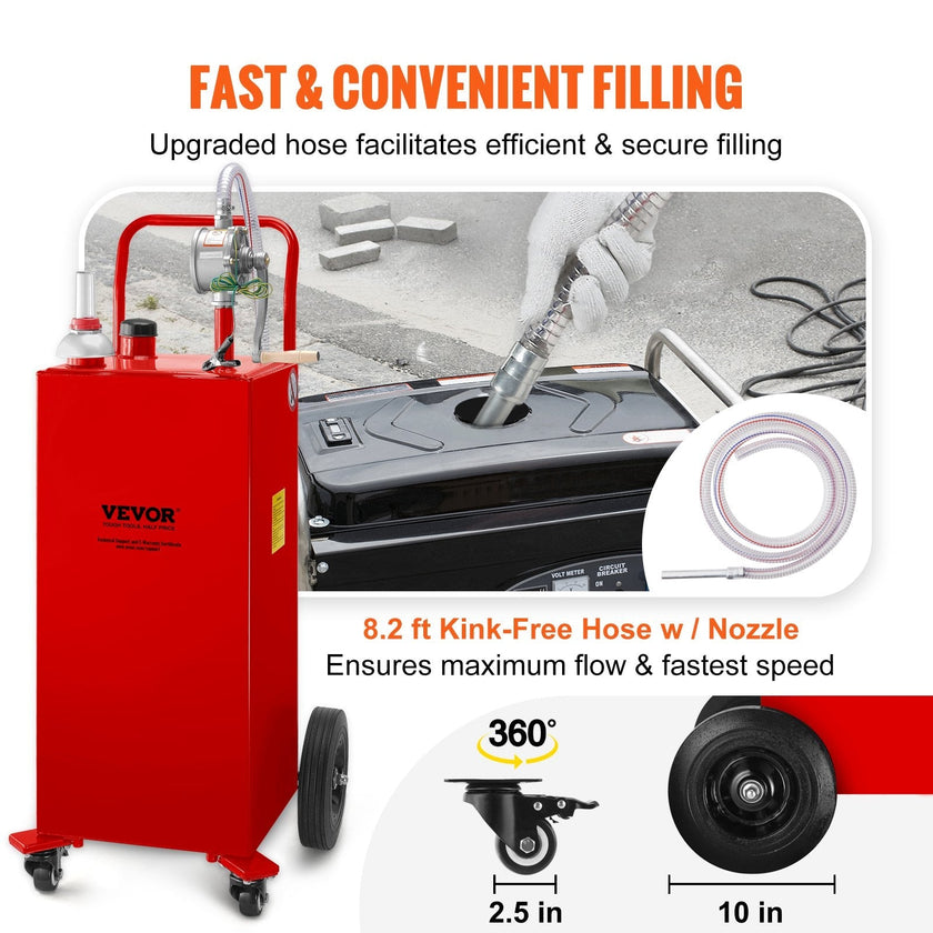 VEVOR Fuel Caddy, 30 Gallon, Gas Storage Tank & 4 Wheels, with Manuel Transfer Pump, Gasoline Diesel Fuel Container for Cars, Lawn Mowers, ATVs, Boats, More, Red