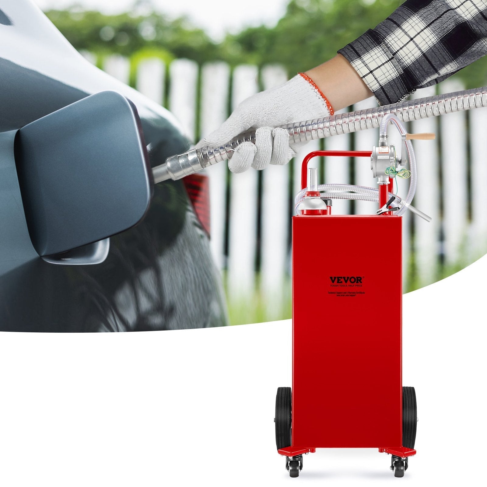 VEVOR Fuel Caddy, 30 Gallon, Gas Storage Tank & 4 Wheels, with Manuel Transfer Pump, Gasoline Diesel Fuel Container for Cars, Lawn Mowers, ATVs, Boats, More, Red