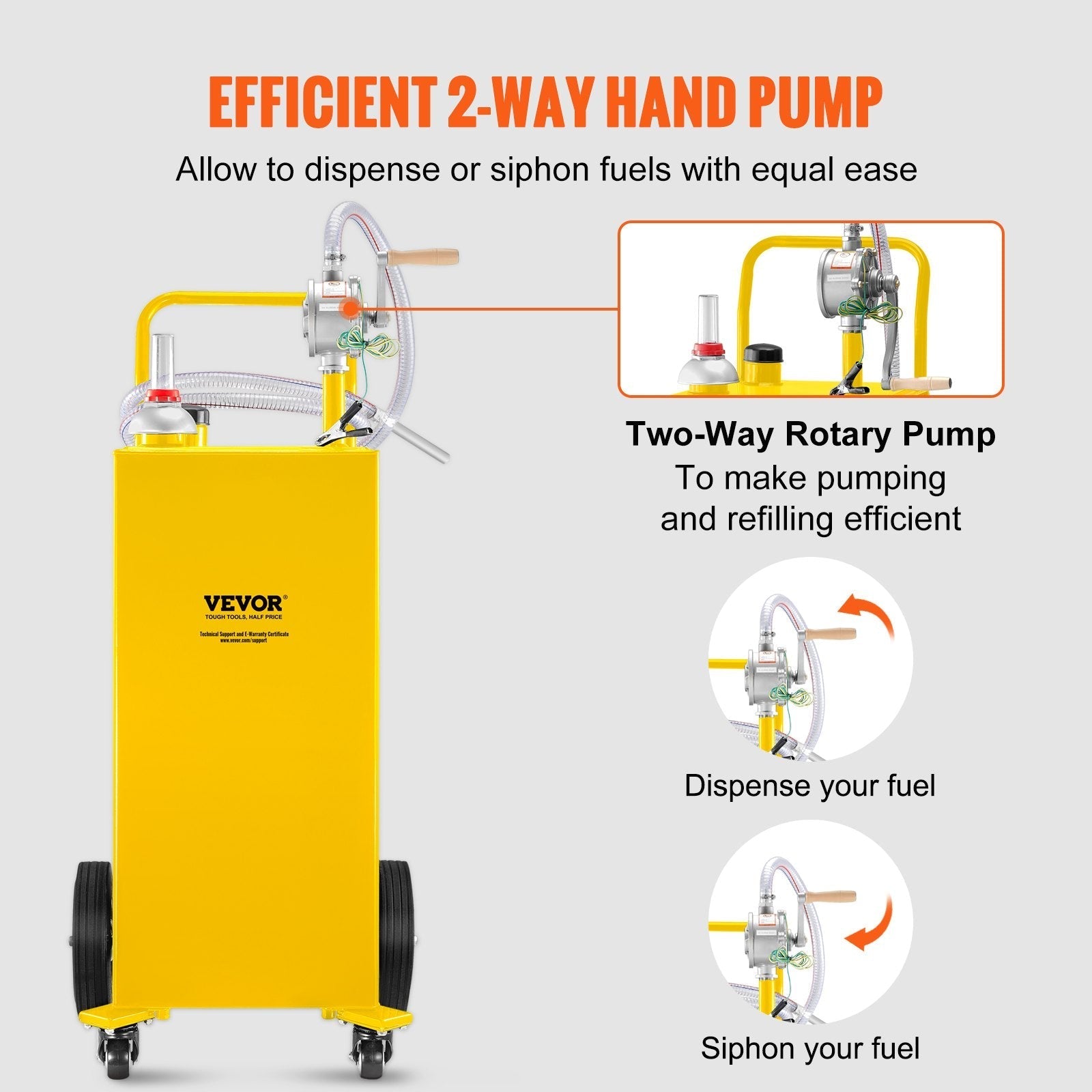 VEVOR Fuel Caddy, 35 Gallon, Gas Storage Tank on 4 Wheels, with Manuel Transfer Pump, Gasoline Diesel Fuel Container for Cars, Lawn Mowers, ATVs, Boats, More, Yellow